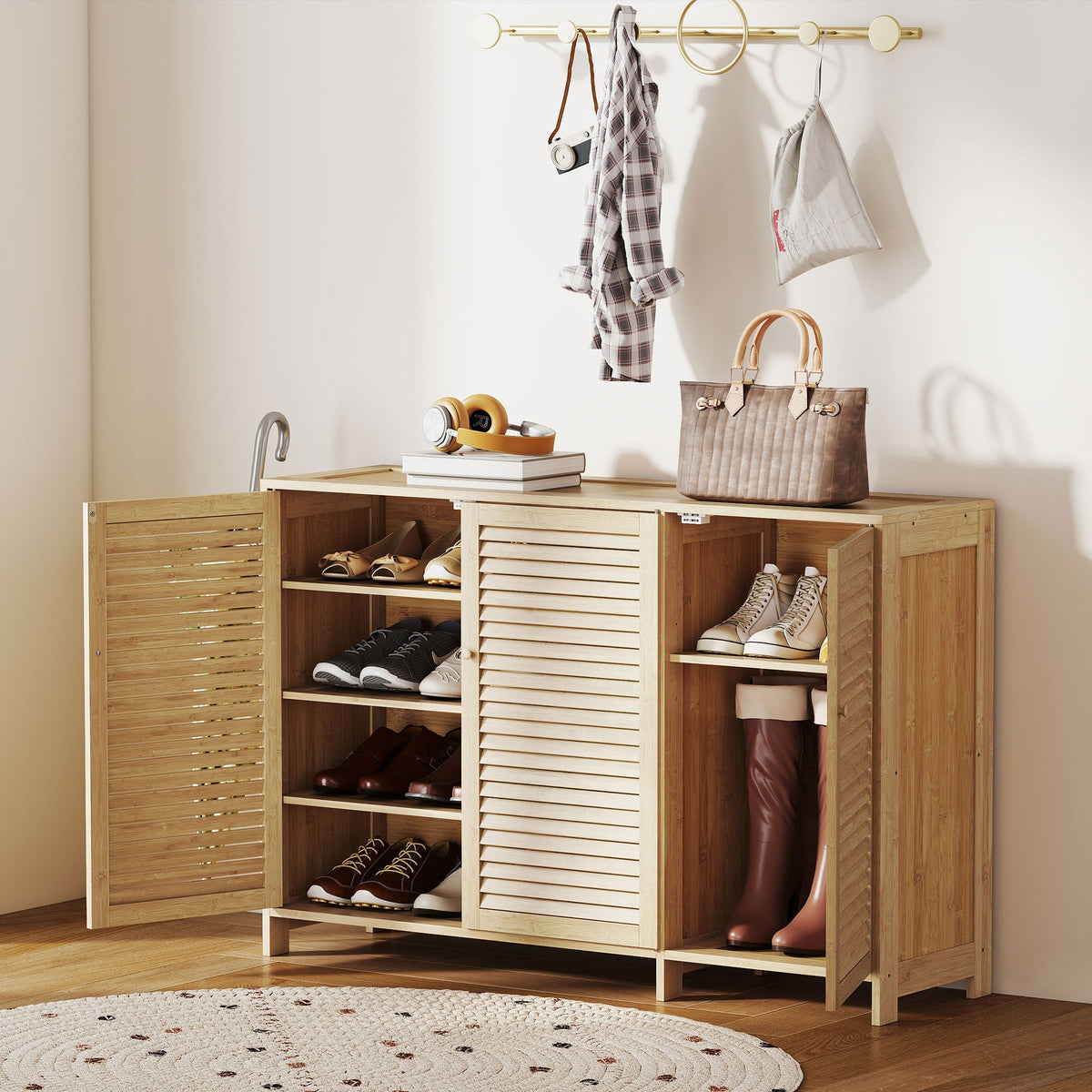HOMCOM Bamboo Shoe Cabinet with Louvered Doors, 18 Pairs Shoe Storage Cabinet with Adjustable Shelves for Hallway, Natural