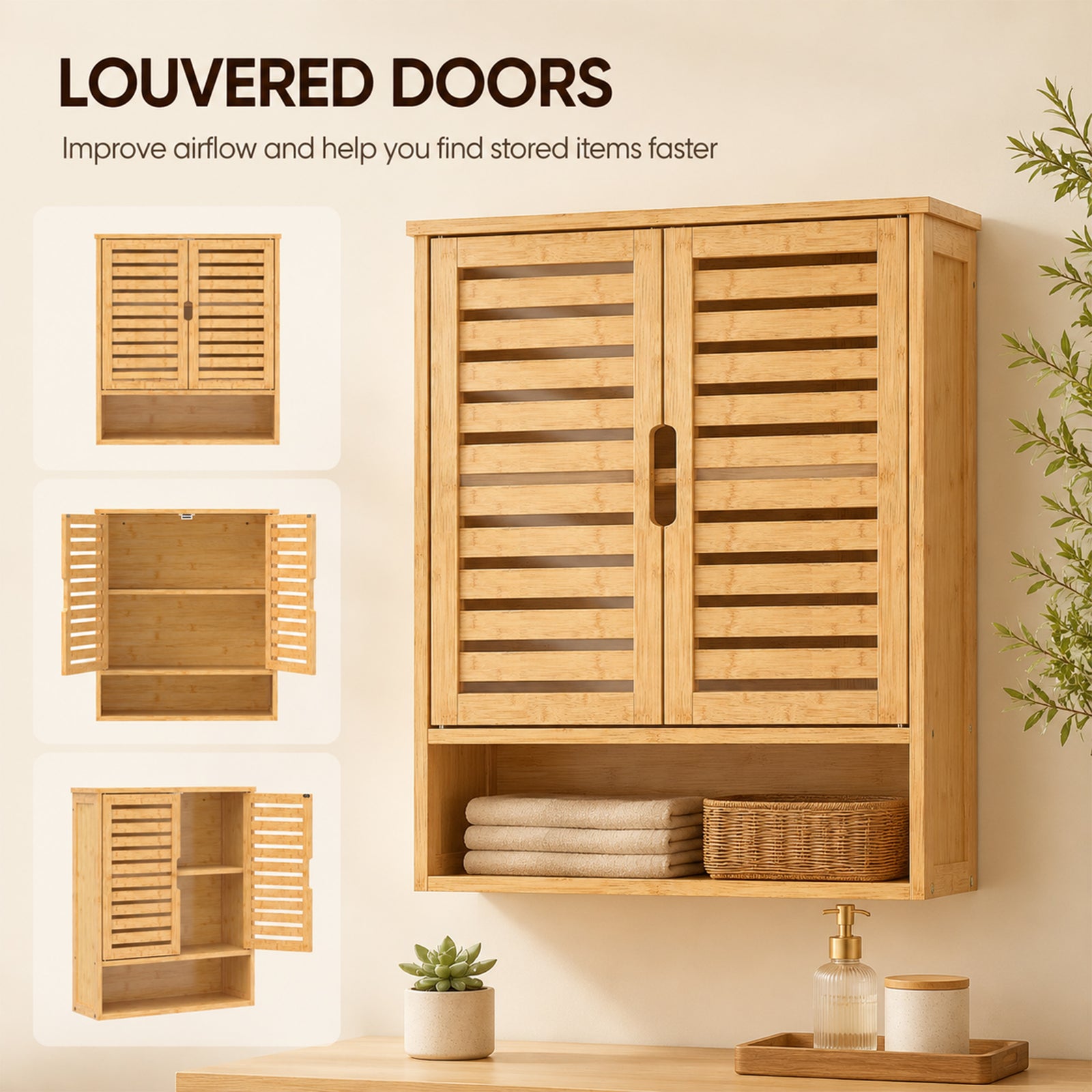 HOMCOM Bathroom Wall Cabinet, Wall Mounted Bathroom Cabinet with 2 Louvered Doors, Open Shelf and Adjustable Shelf Storage