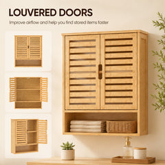 HOMCOM Bathroom Wall Cabinet, Wall Mounted Bathroom Cabinet with 2 Louvered Doors, Open Shelf and Adjustable Shelf Storage