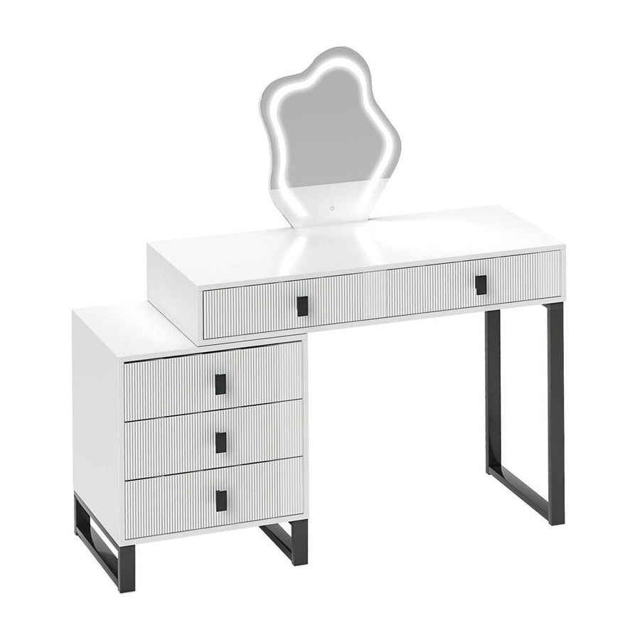 HOMCOM LED Lighted Dressing Table with Leaf Shape Mirror, Modern Vanity Desk with 5 Drawers, Makeup Desk with Fluted Panels