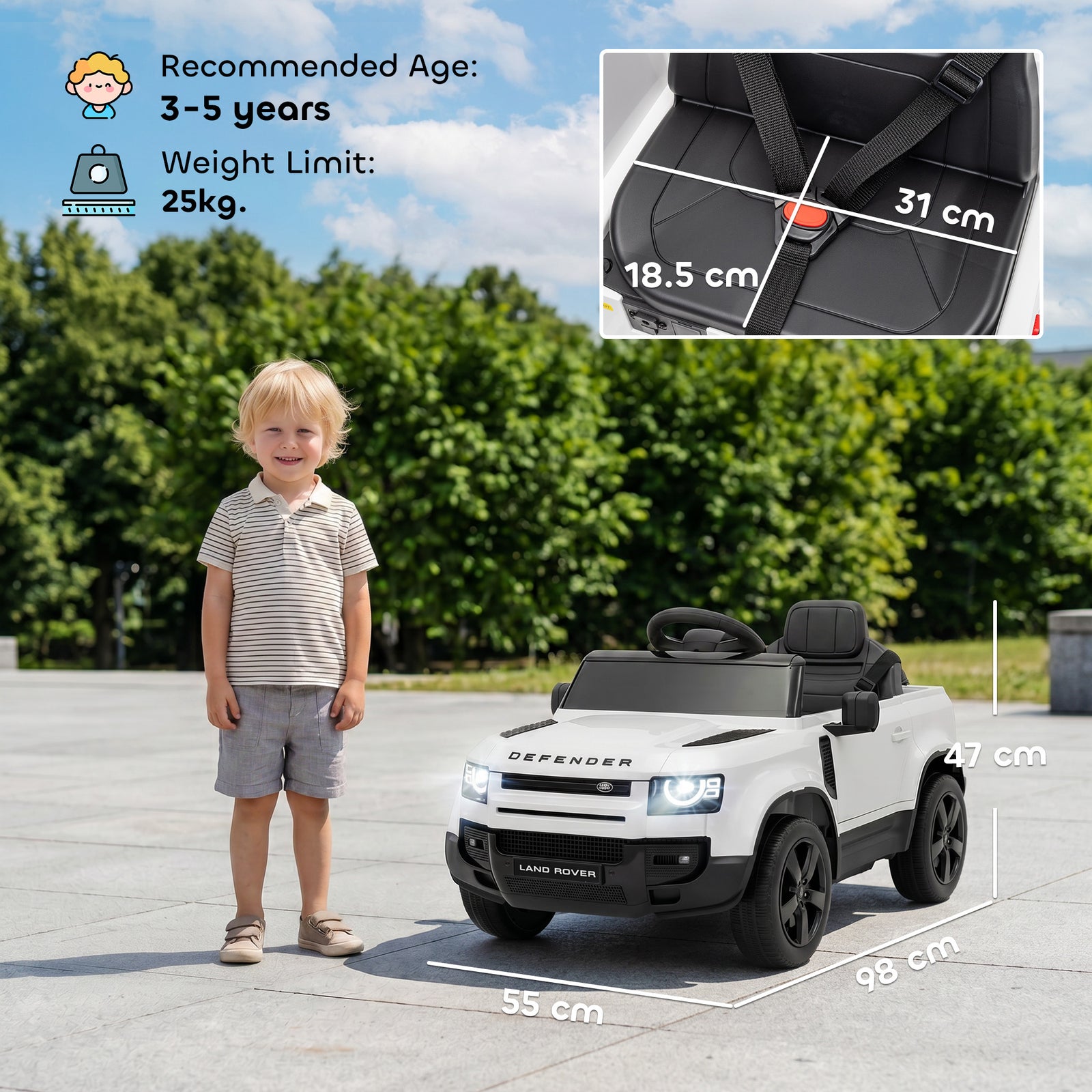 AIYAPLAY Land Rover Licensed 12V Kids Ride on Car with Remote, Suspension, Slow Start, 3 Speeds, Lights, Music, Horn, White