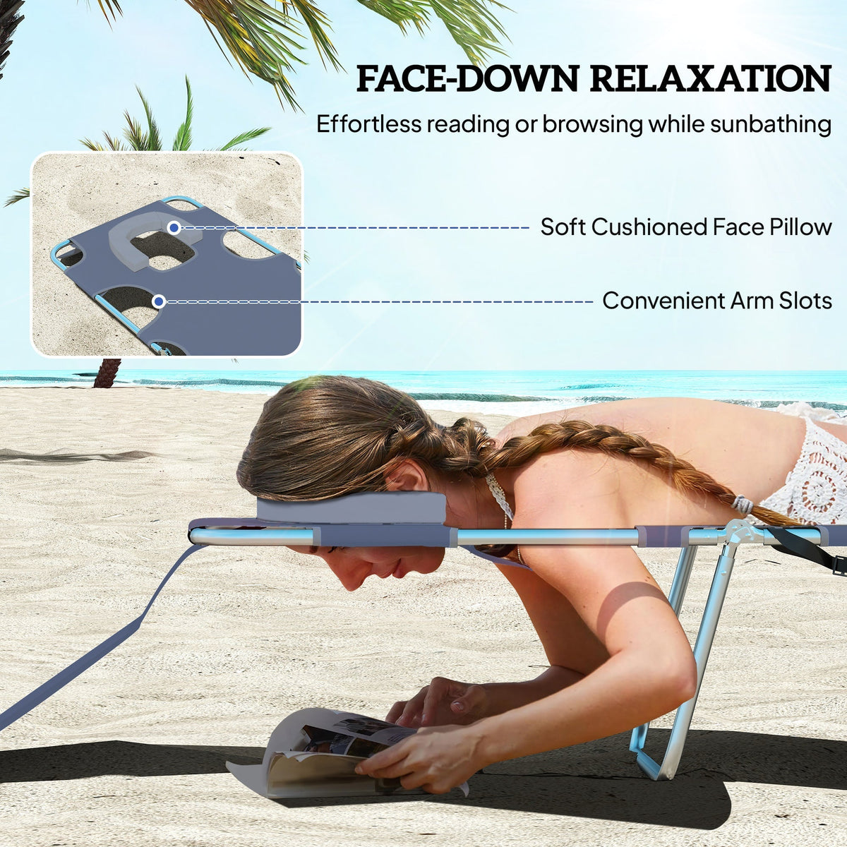 Outsunny Foldable Sun Lounger, Beach Chaise Lounge with Reading Hole, Arm Slots, 5-Position Adjustable Backrest, Side Pocket, Pillow for Garden, Beach, Pool, Grey