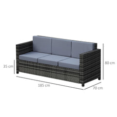 Outsunny 3 Seater All Weather Outdoor Sofa, Garden Rattan Sofa with Cushions and Mental Frame, Grey