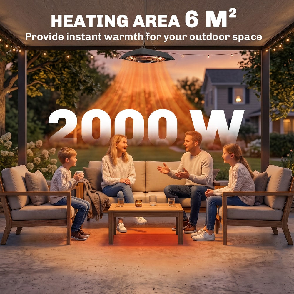 A family enjoying a patio space heated by the electric patio heater