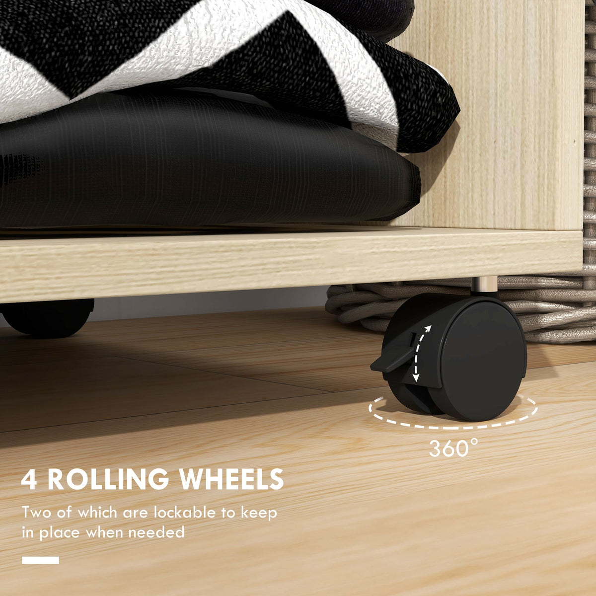 HOMCOM Open Wardrobe on Wheels, Bedroom Wardrobe with Clothes Hanging Rail, 2 Storage Shelves, Mobile Garment Rack for Cloakroom, Hallway, Natural