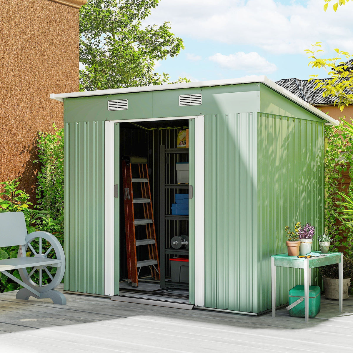 Outsunny 7 x 4ft Outdoor Garden Metal Storage Shed, Tool Storage Box for Backyard, Patio and Lawn, Light Green
