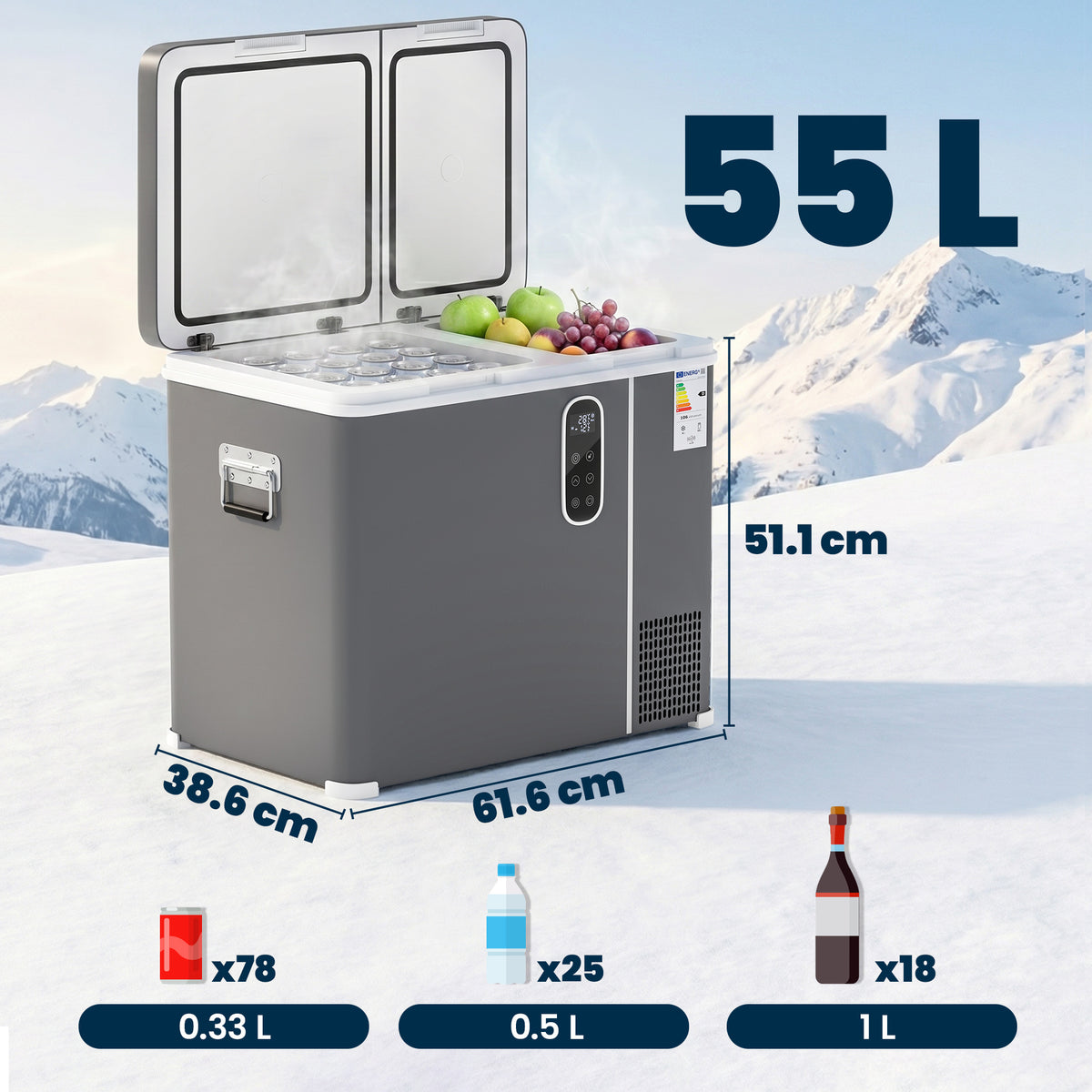 Outsunny 55L Compressor Car Fridge Freezer, Dual Zone Camping Refrigerator with App Control, Grey