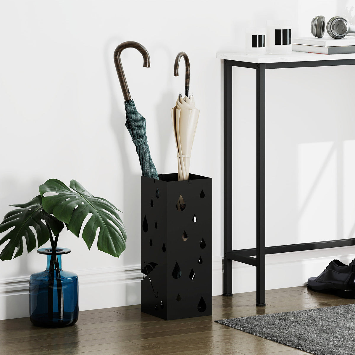 HOMCOM Steel Umbrella Stand, Square Umbrella Holder with 4 Hooks and Removable Drip Tray, Hollowed Umbrella Basket for Hallway, Black