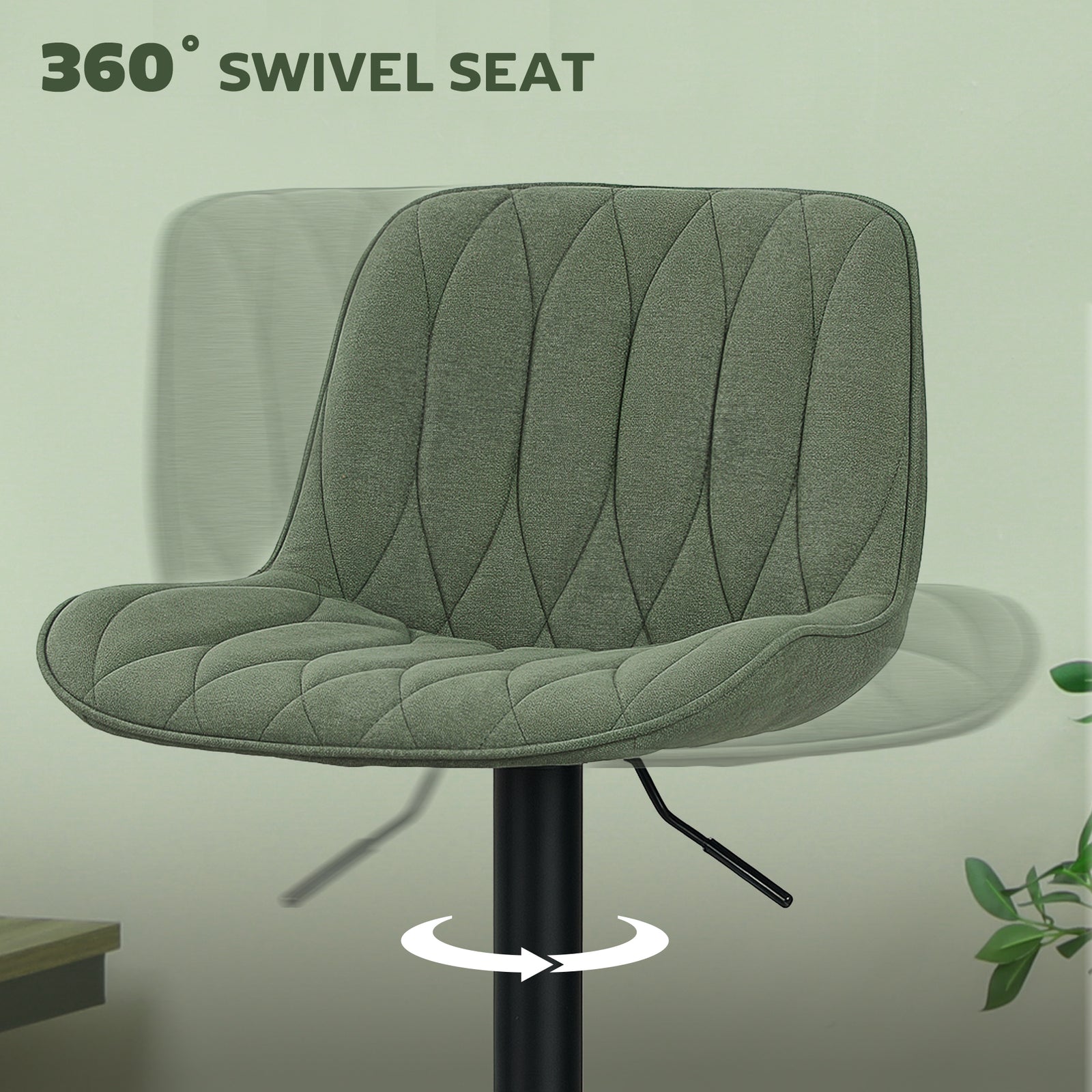 HOMCOM Breakfast Bar Stools Set of 2 Linen upholstery 60-80cm Adjustable Height - Green