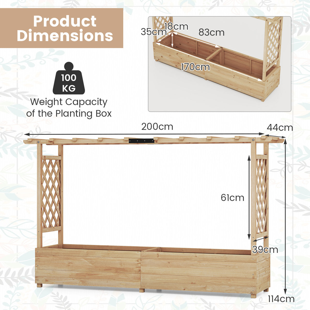 Raised Garden Bed with 2-Sided Trellis and Hanging Roof-Natural