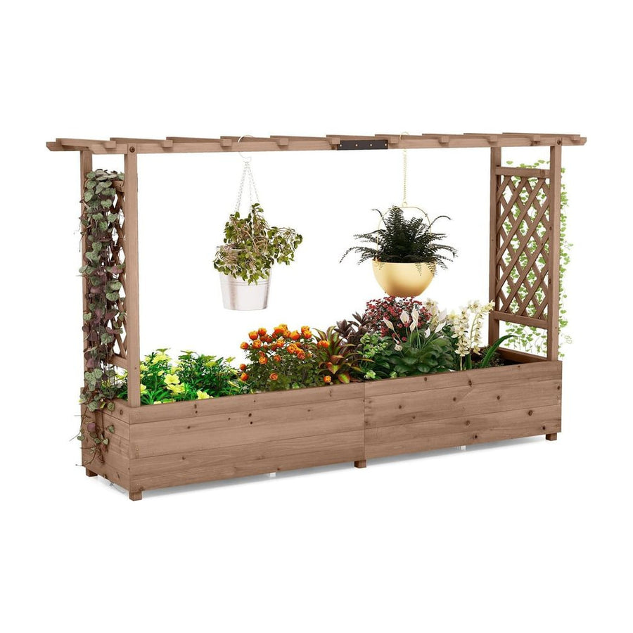 Raised Garden Bed with 2-Sided Trellis and Hanging Roof-Rustic Brown