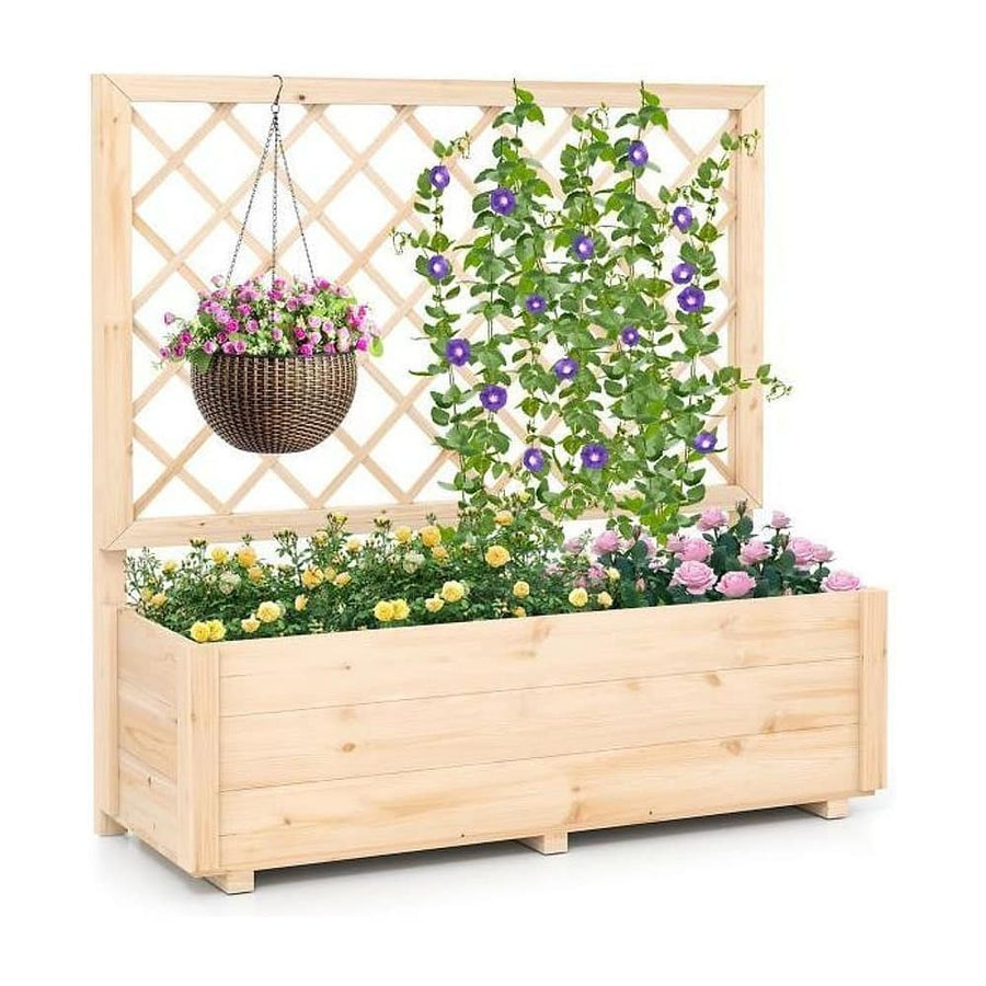 Raised Garden Bed with Lattice Trellis Wooden Elevated Planter-Natural
