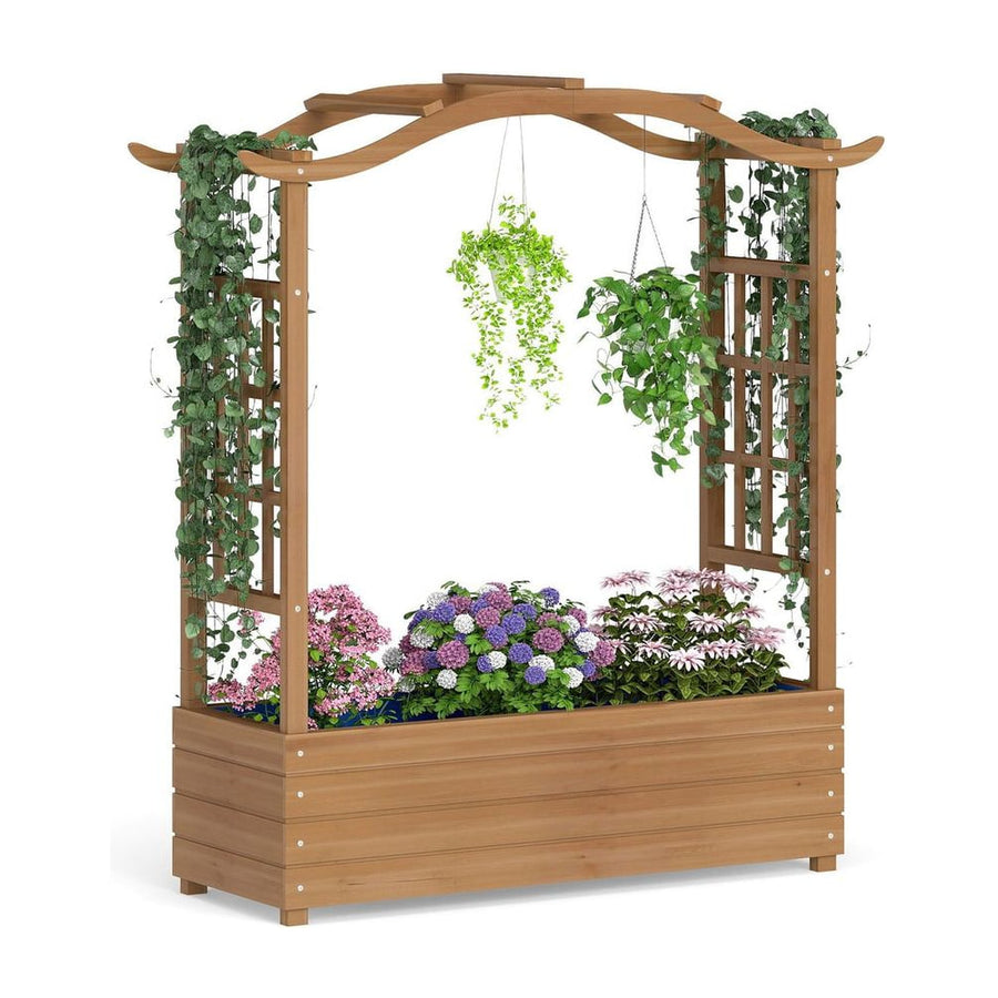 Raised Garden Bed with Trellis Solid Wood Planter with Hanging Roof-Brown