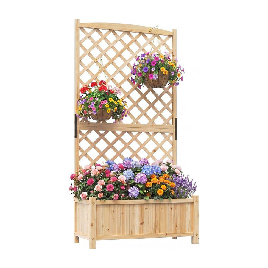 Raised Garden Bed with Trellis Wood Planter Box with Diamond Lattice Trellis-Natural