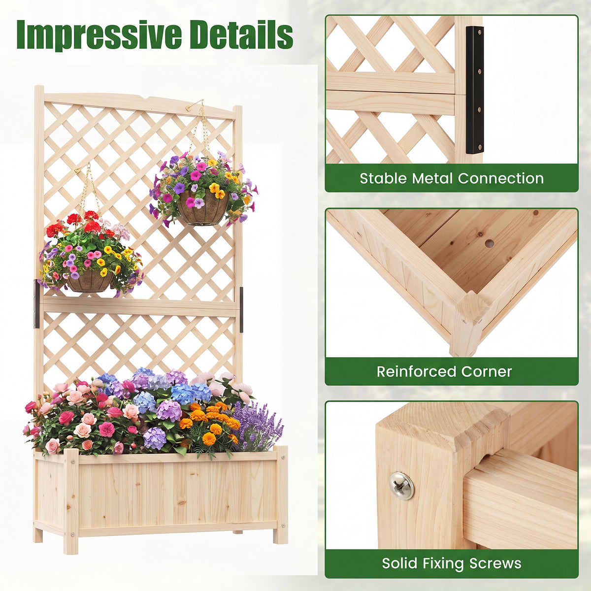 Raised Garden Bed with Trellis Wood Planter Box with Diamond Lattice Trellis-Natural