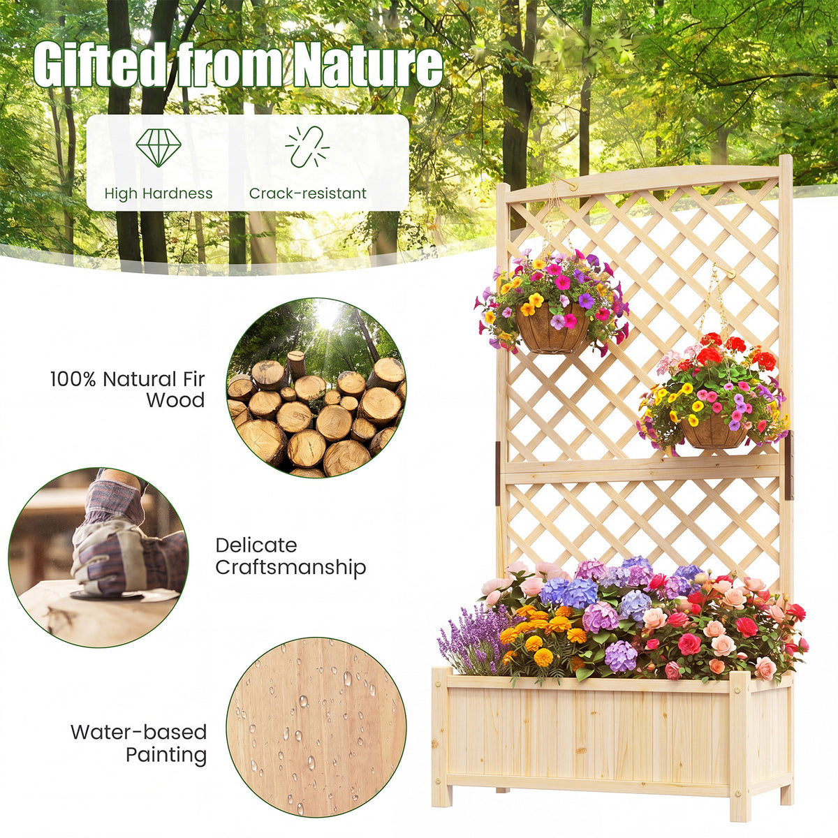 Raised Garden Bed with Trellis Wood Planter Box with Diamond Lattice Trellis-Natural