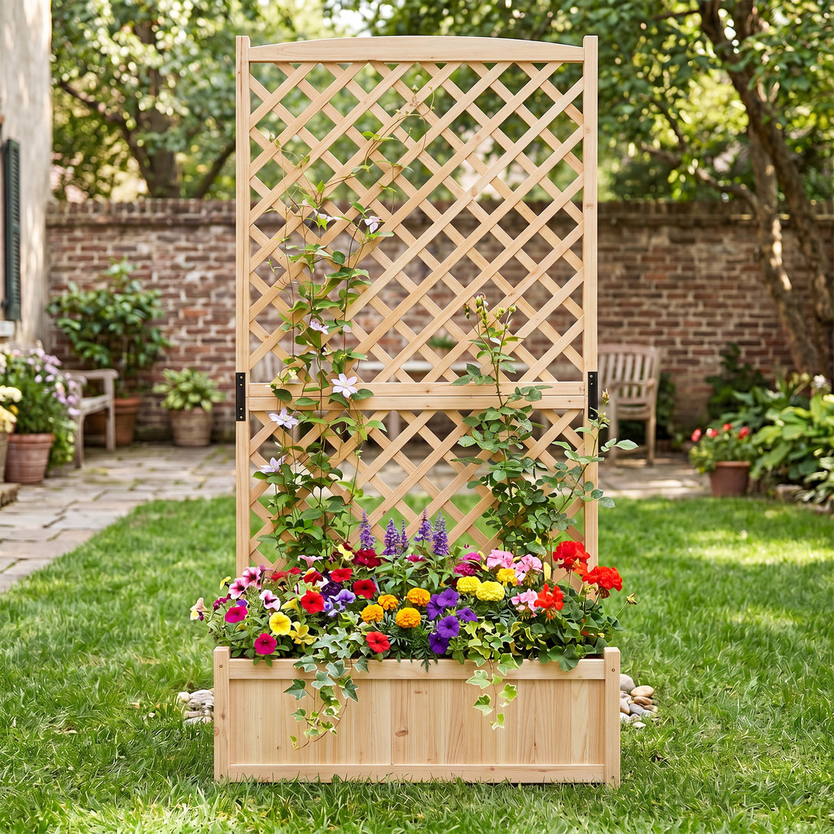 Raised Garden Bed with Trellis Wood Planter Box with Diamond Lattice Trellis-Natural