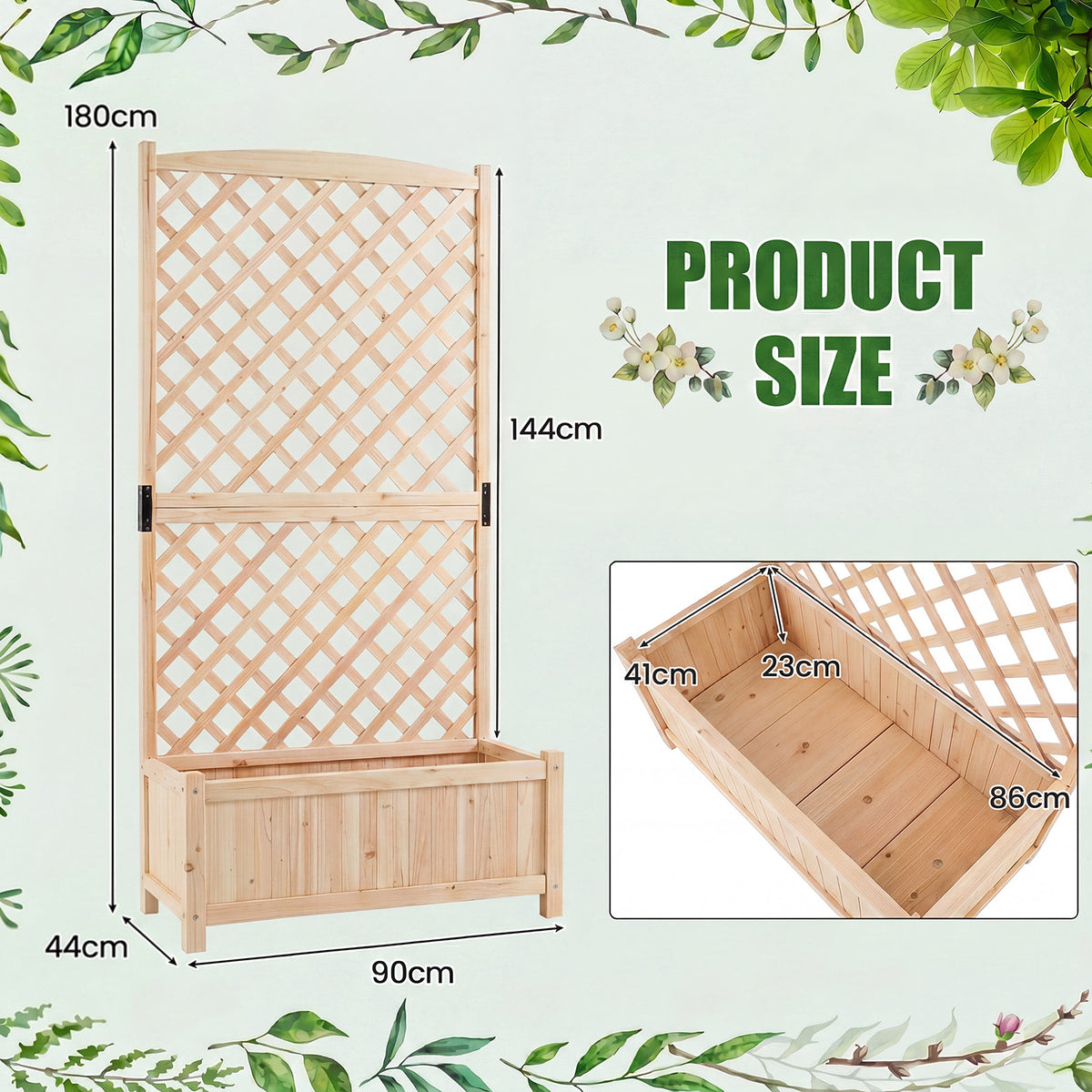 Raised Garden Bed with Trellis Wood Planter Box with Diamond Lattice Trellis-Natural