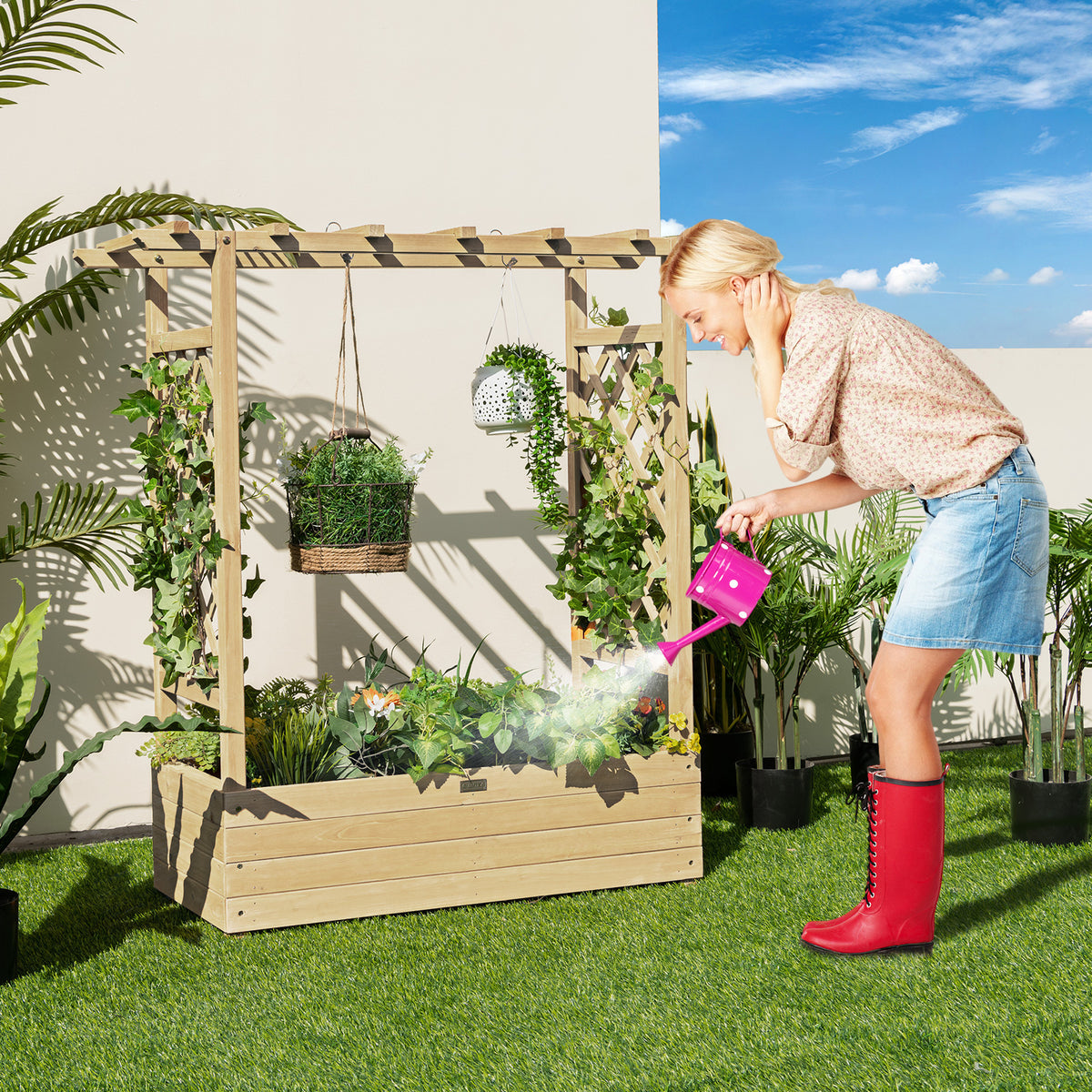 Raised Garden Bed with Arch Trellis-Natural