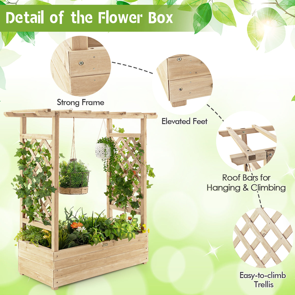 Raised Garden Bed with Arch Trellis-Natural