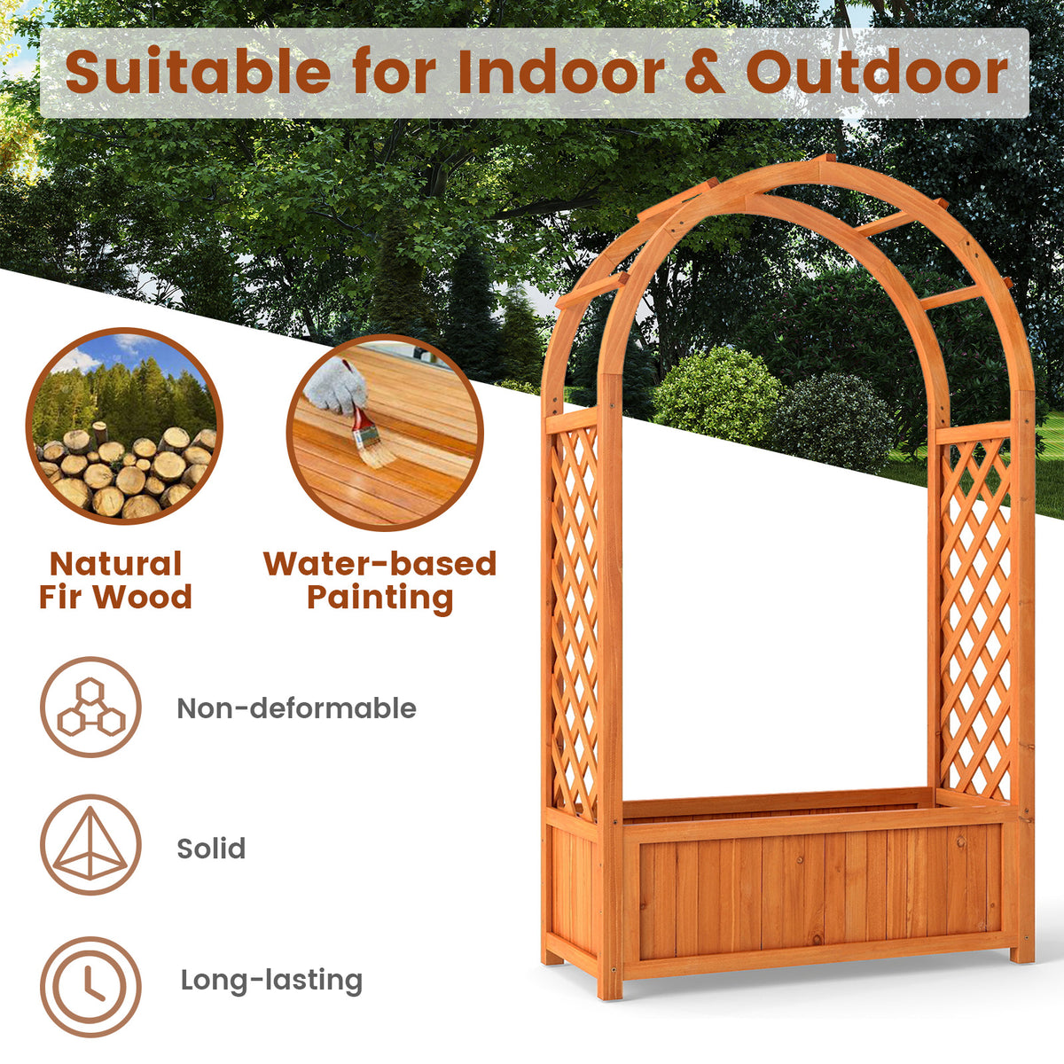 Raised Garden Bed with Arch Trellis Wood Planter Box with Liner-Brown