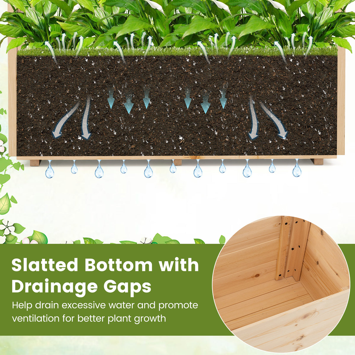 Raised Garden Bed with Lattice Trellises Hanging Roof Drainage-L