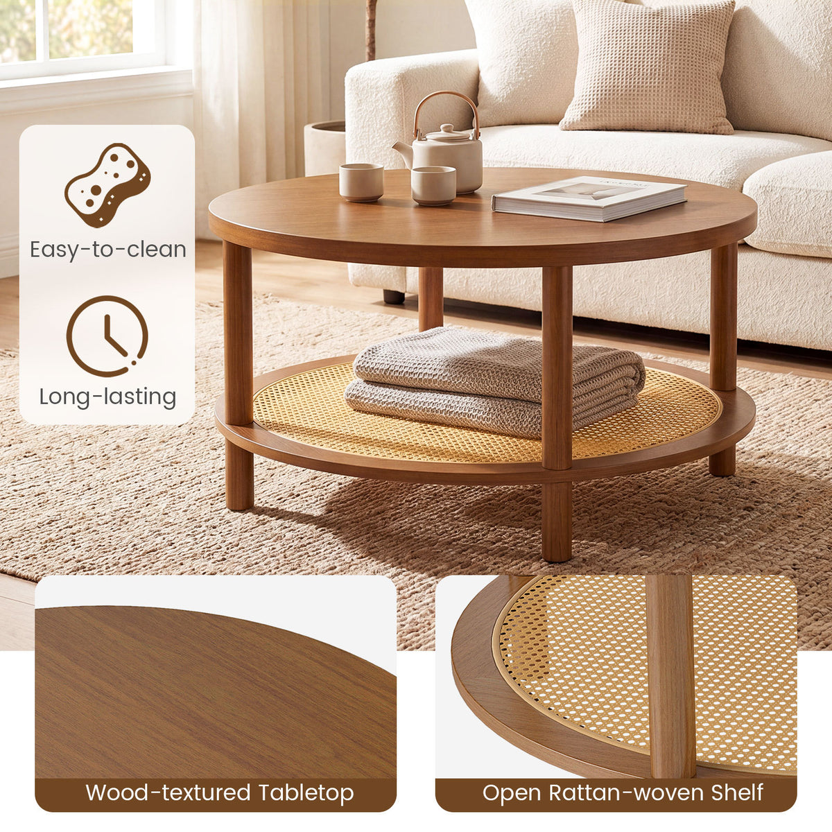 Rattan Coffee Table 2-Tier Round Center Table with Wood Veneered Top-Walnut