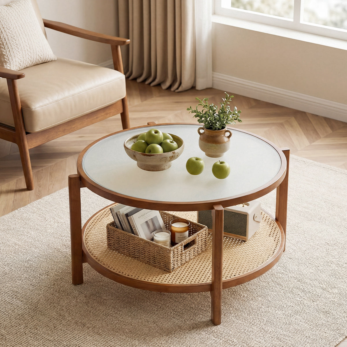 Rattan Coffee Table with Tempered Glass Top for Living Room-Walnut