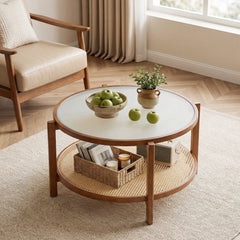 Rattan Coffee Table with Tempered Glass Top for Living Room-Walnut