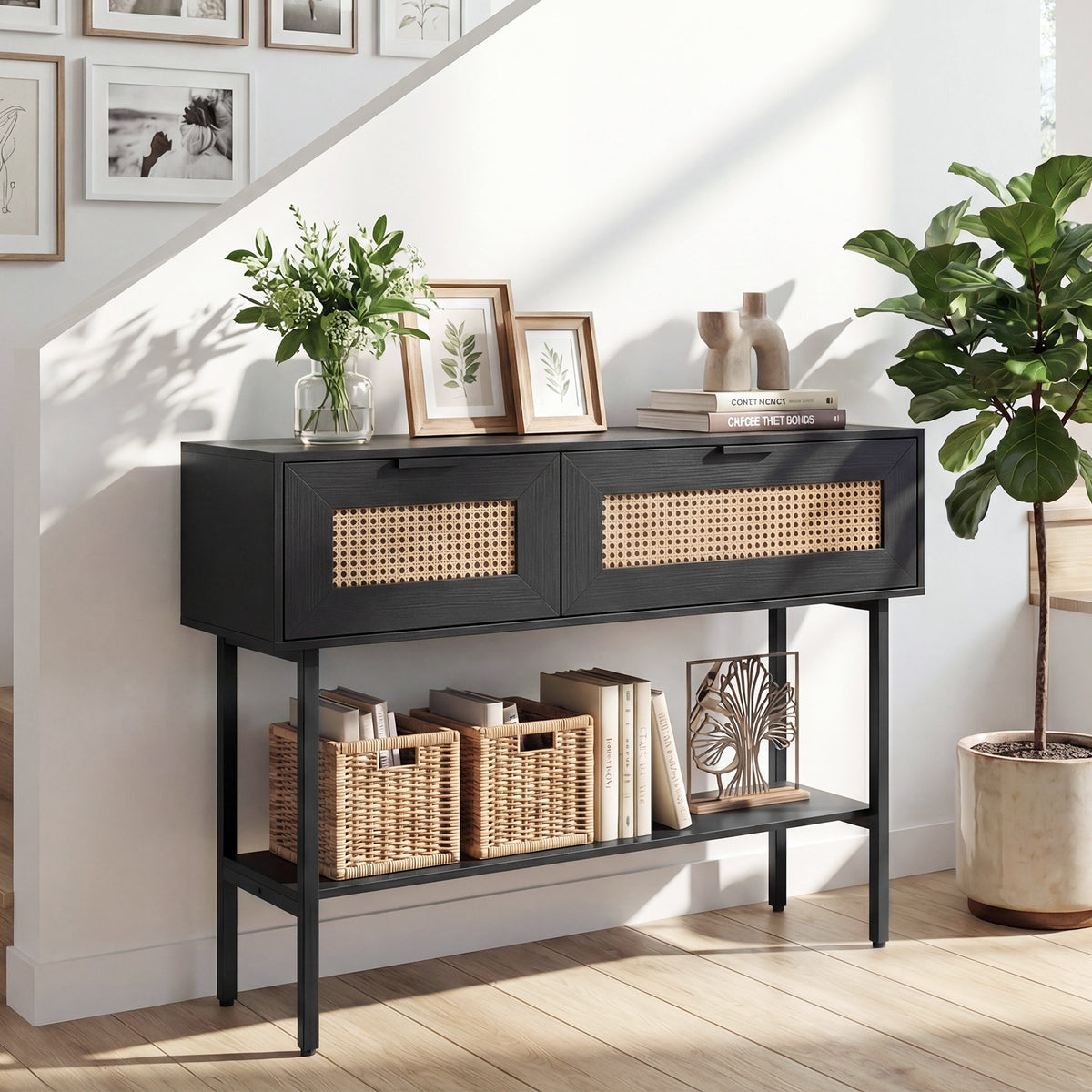 Rattan Console Table Boho Entryway Table with Flip Doors-Black