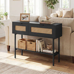 Rattan Console Table Boho Entryway Table with Flip Doors-Black
