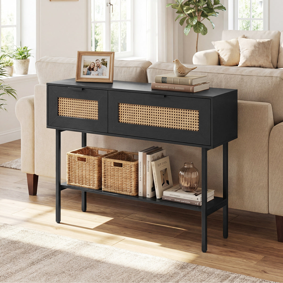Rattan Console Table Boho Entryway Table with Flip Doors-Black