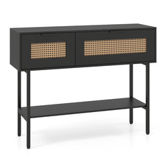 Rattan Console Table Boho Entryway Table with Flip Doors-Black