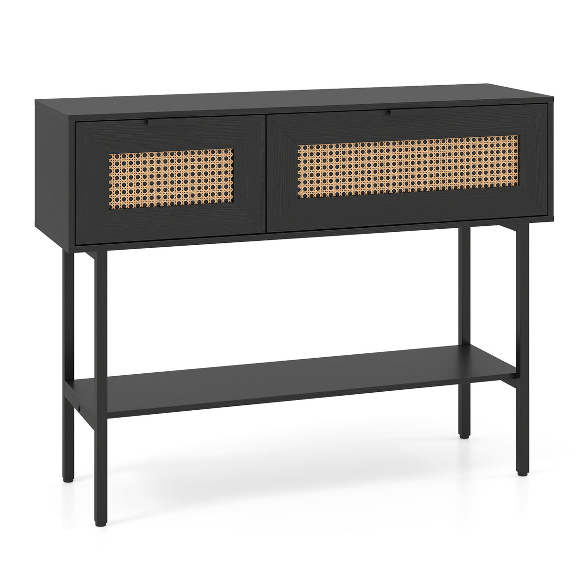 Rattan Console Table Boho Entryway Table with Flip Doors-Black