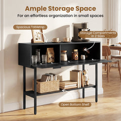 Rattan Console Table Boho Entryway Table with Flip Doors-Black
