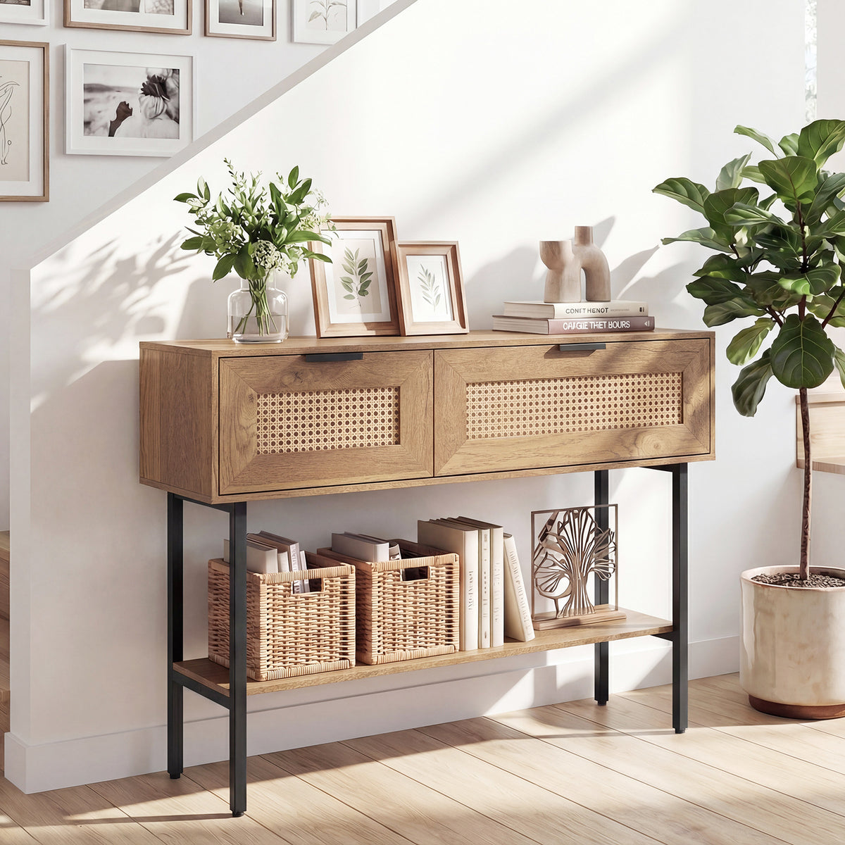Rattan Console Table Boho Entryway Table with Flip Doors-Natural
