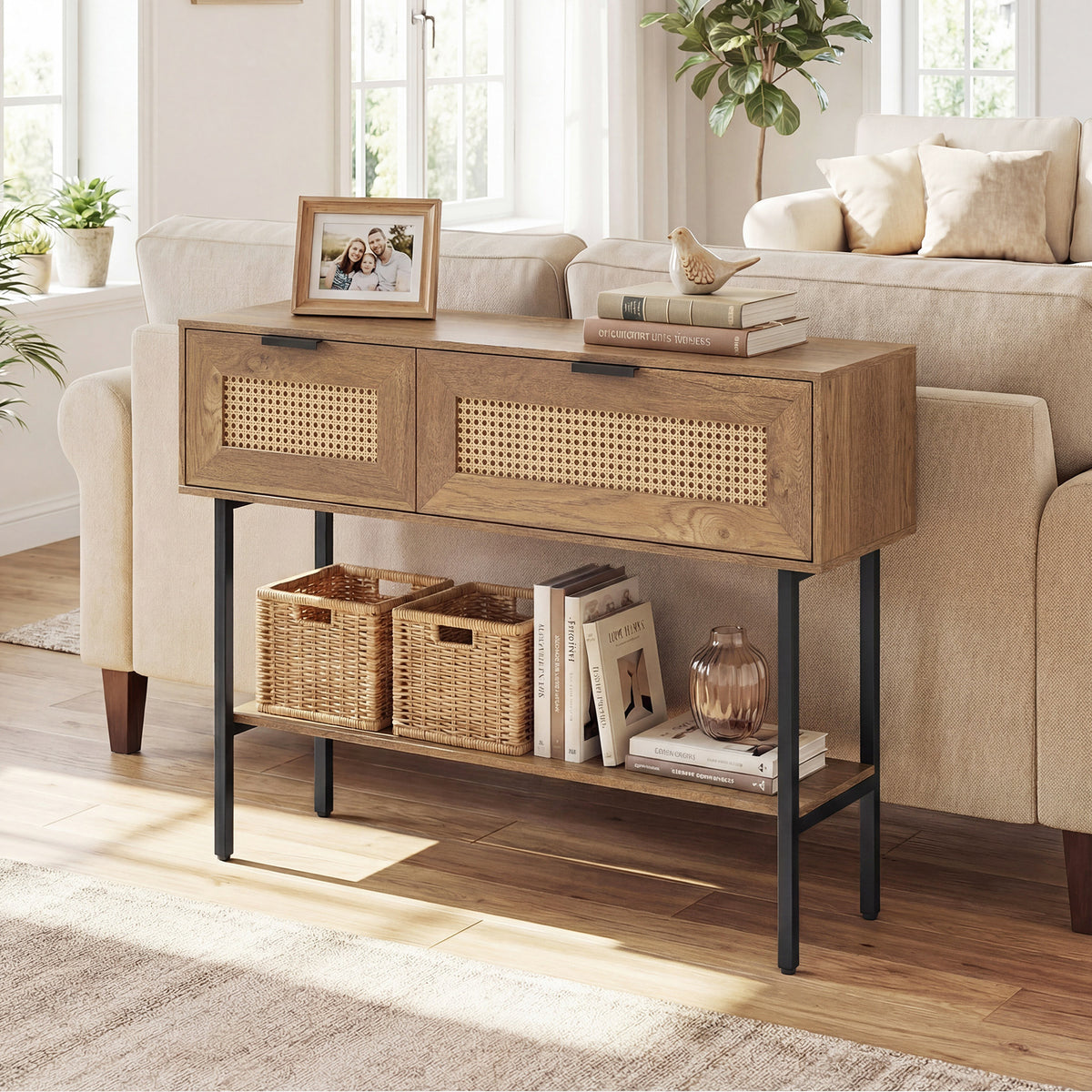Rattan Console Table Boho Entryway Table with Flip Doors-Natural