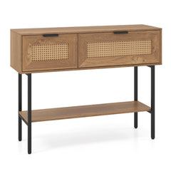 Rattan Console Table Boho Entryway Table with Flip Doors-Natural