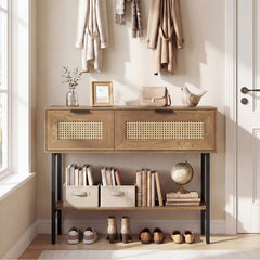 Rattan Console Table Boho Entryway Table with Flip Doors-Natural
