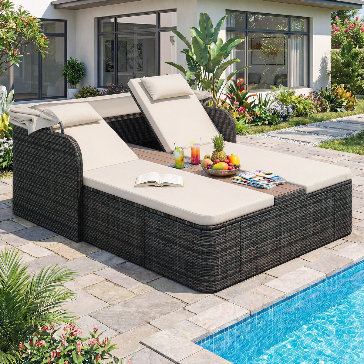 Rattan Double Daybed with Retractable Sunshade and Adjustable Backrests-Beige