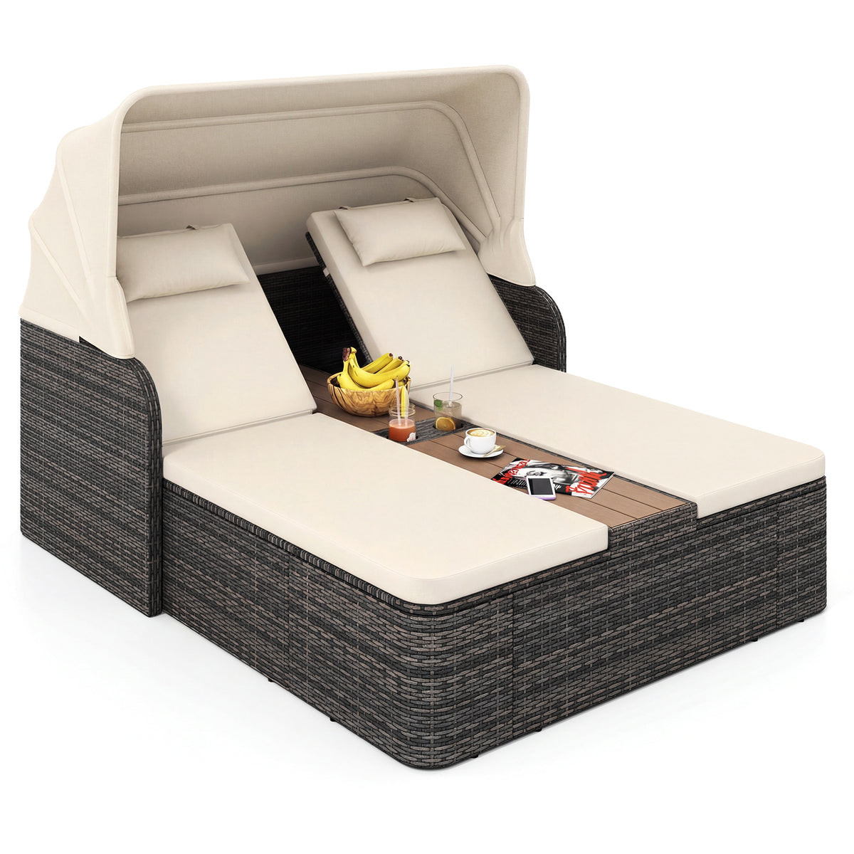 Rattan Double Daybed with Retractable Sunshade and Adjustable Backrests-Beige