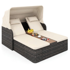 Rattan Double Daybed with Retractable Sunshade and Adjustable Backrests-Beige