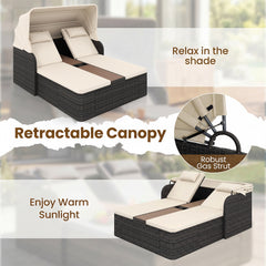 Rattan Double Daybed with Retractable Sunshade and Adjustable Backrests-Beige