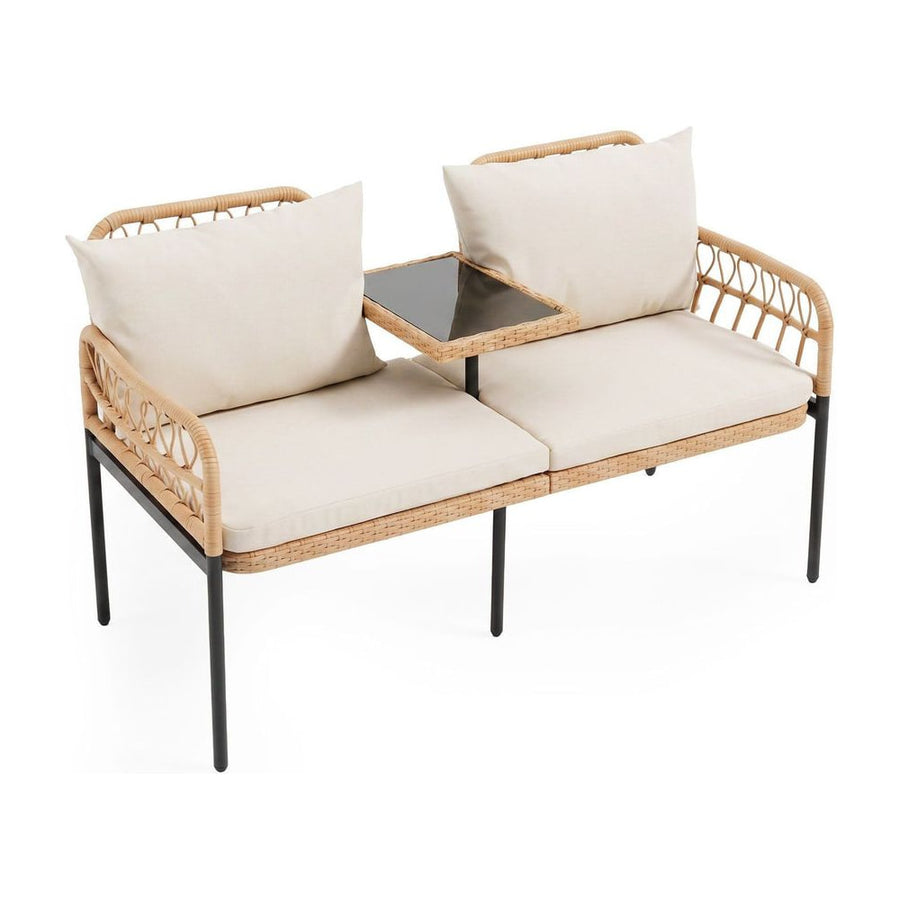 Rattan Jack and Jill Seat with Built-In Table and Cushions for Patio Balcony-Beige