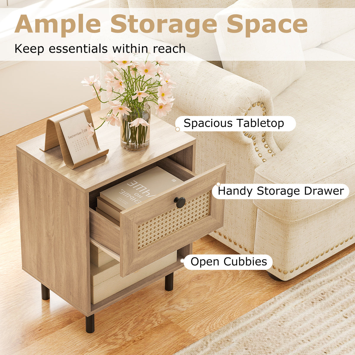 Rattan Nightstand Boho Style Bedside Table with Drawer and Open Storage Shelf-Natural