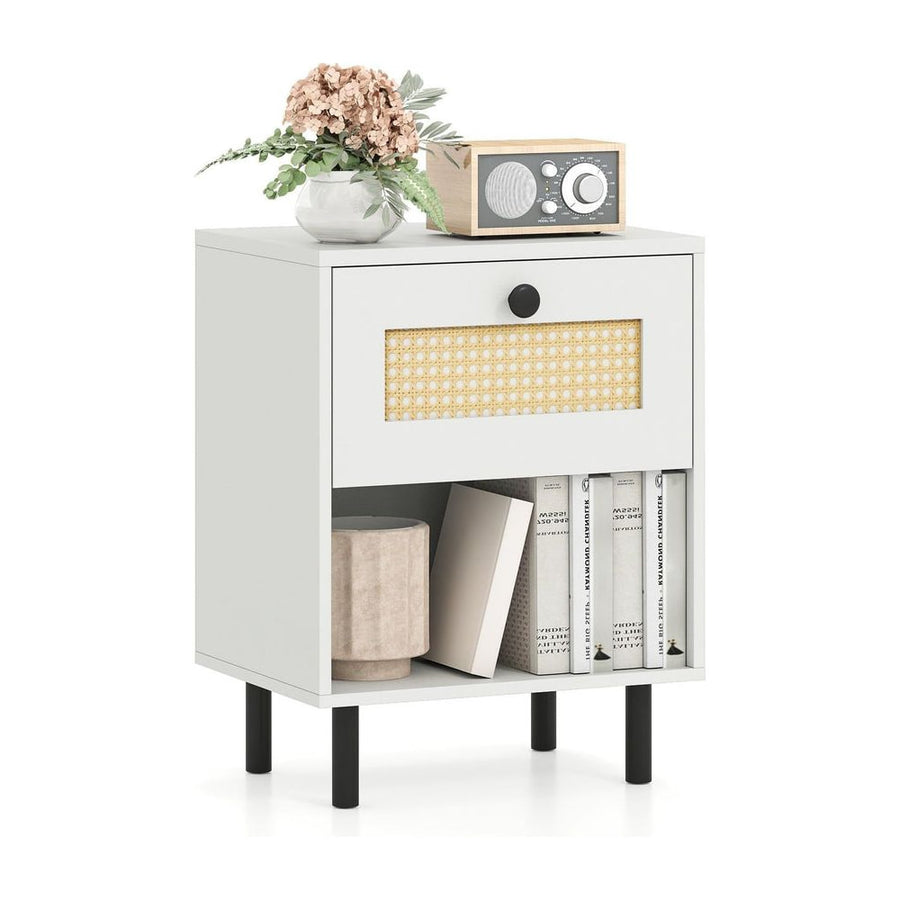 Rattan Nightstand Boho Style Bedside Table with Drawer and Open Storage Shelf-White