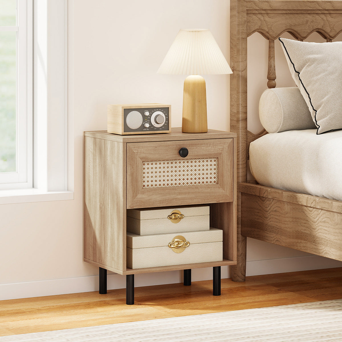 Rattan Nightstand with Drawer and Open Storage Shelf for Living Room Set of 2-Natural