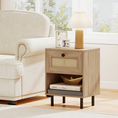 Rattan Nightstand with Drawer and Open Storage Shelf for Living Room Set of 2-Natural