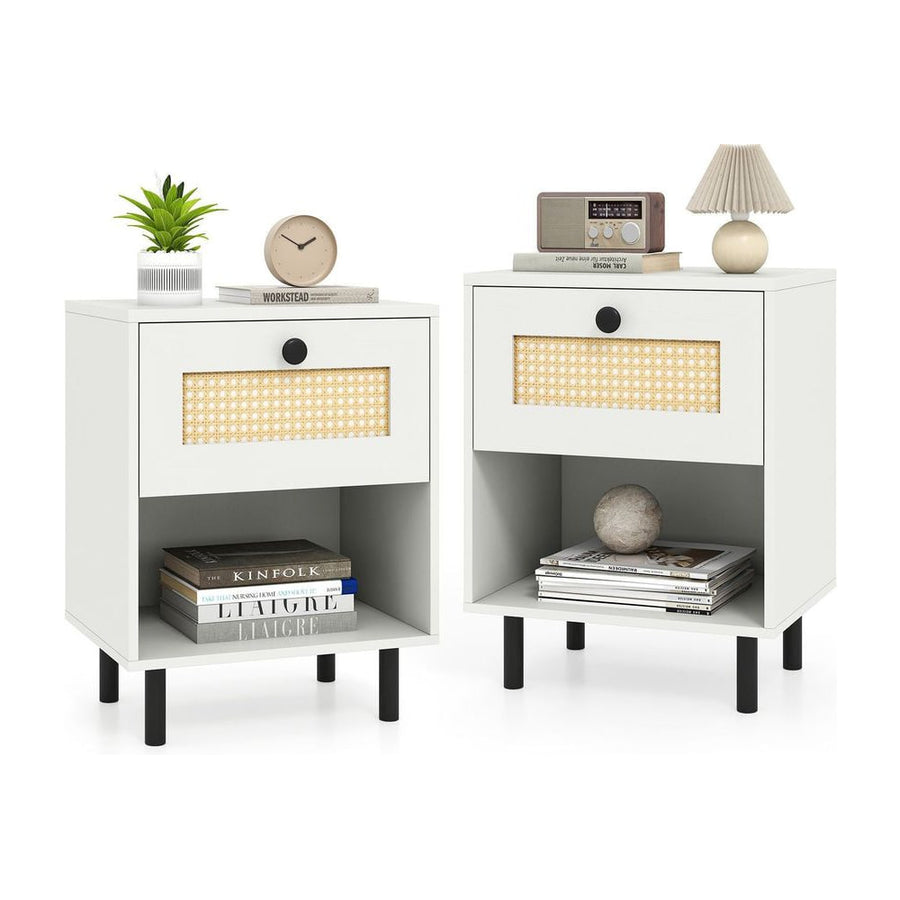 Rattan Nightstand with Drawer and Open Storage Shelf for Living Room Set of 2-White