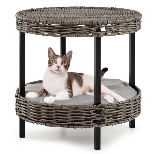 A cat resting on the lower level of the rattan pet furniture set